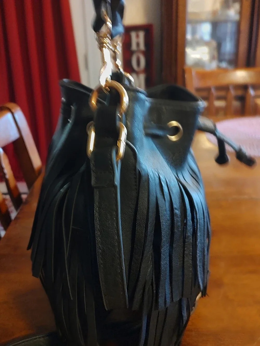 Black Fringe Bucket Crossbody Bag - Unbranded